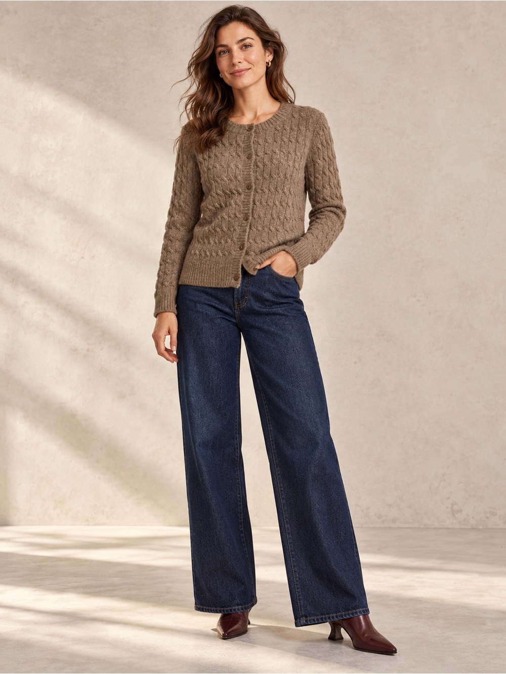 Appleseed’s 100% Wool Cable Knit Cardigan Taupe Brown Size M